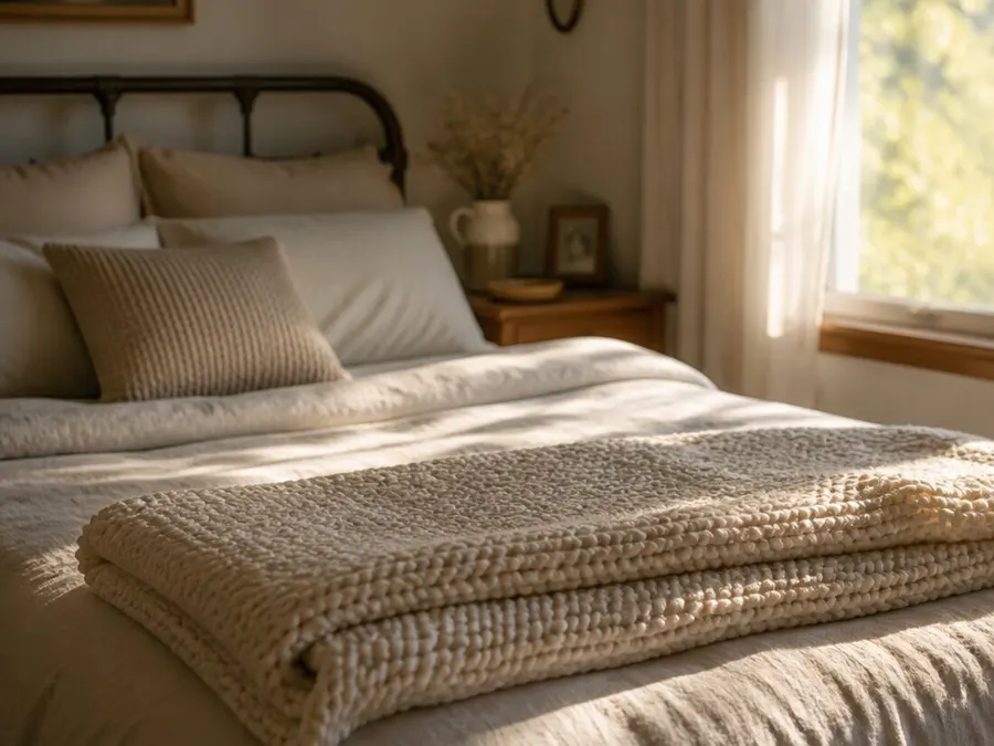 A soft folded blanket draped over an armchair in a warm living room