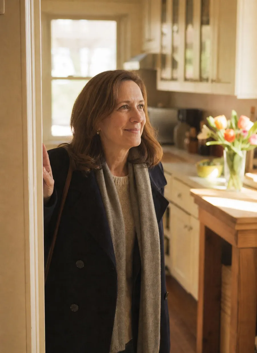 An adult daughter smiling with relief in her parent’s home