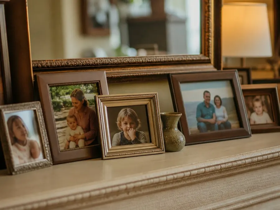 Framed family photographs arranged on a shelf at home